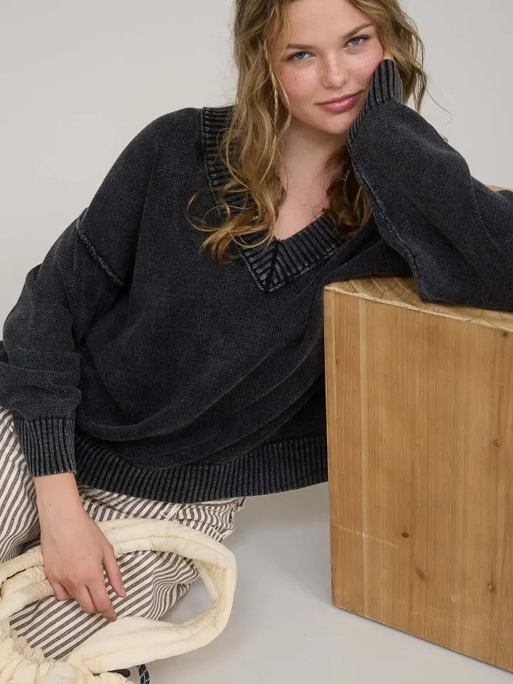Washed V Neck Long Sleeve Oversized Knit Sweater
