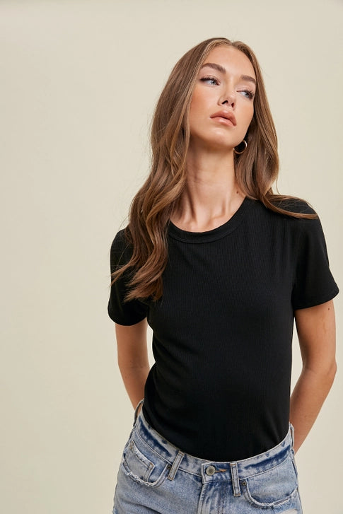 Ribbed Knit Basic T-Shirt Black