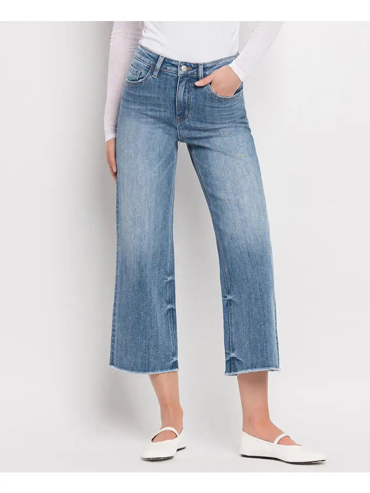 Super High Rise Raw Hem Crop Wide Leg Jeans