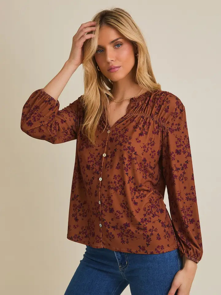 Notch Neck Long Sleeve Button Down Disty Top