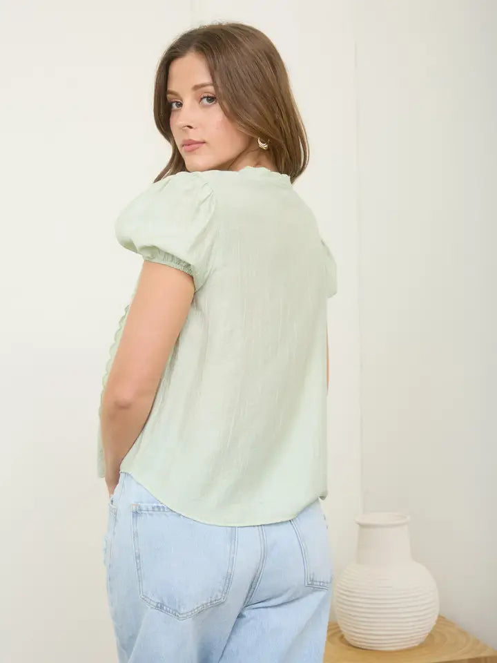 Lace Detail Puff Sleeve Button Down Blouse