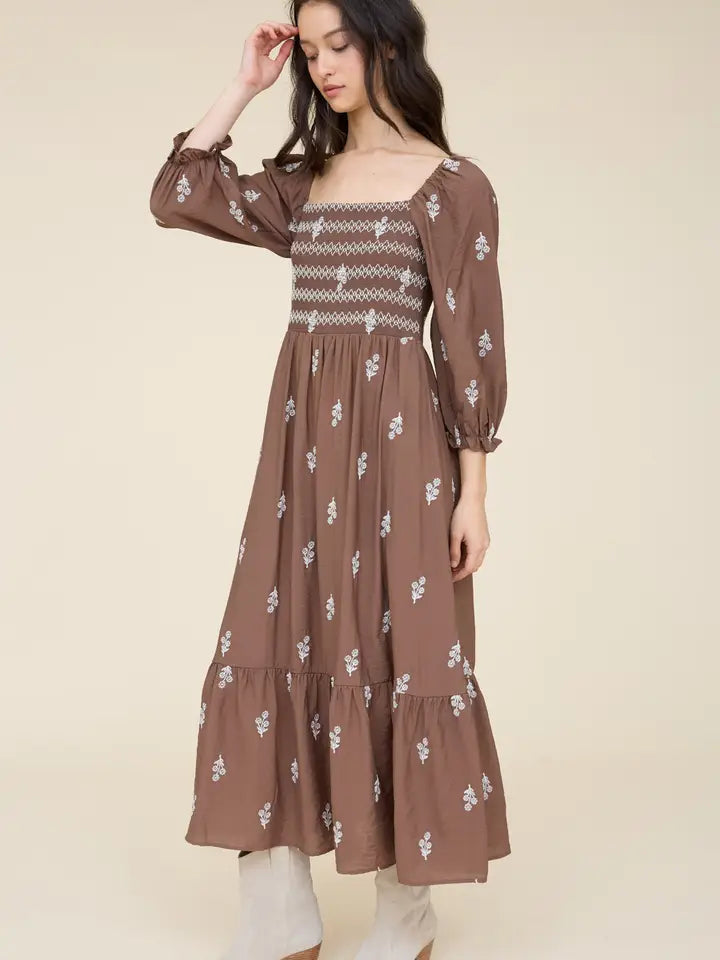 Floral Embroidery Long Sleeve Smocked Midi Dress