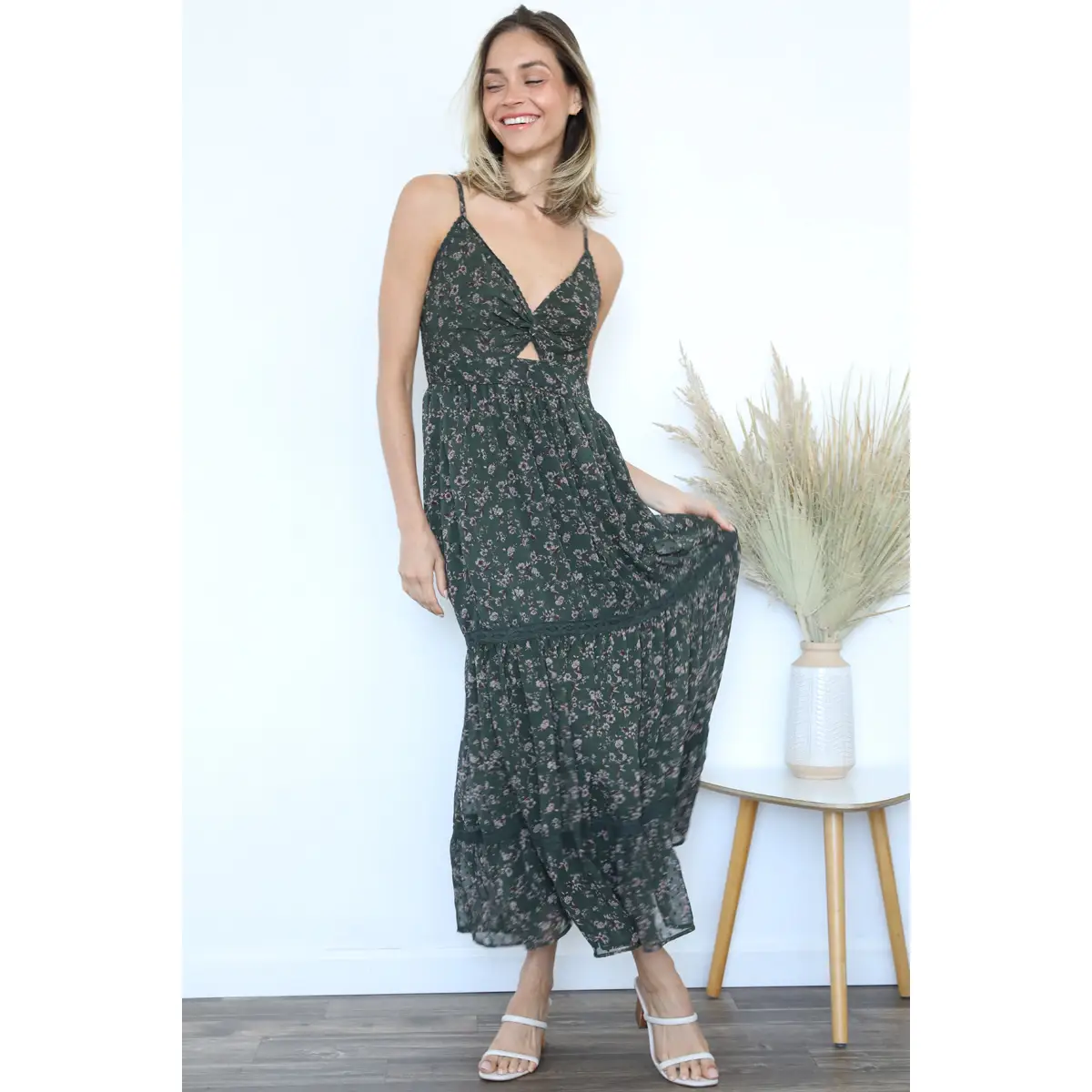 Neck Twist Front Cut Out Sheer Layer Maxi Dress