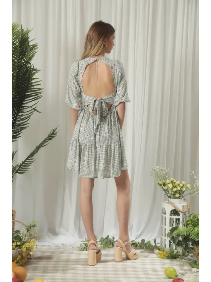 Plaid Floral Printed Tiered Mini Dress