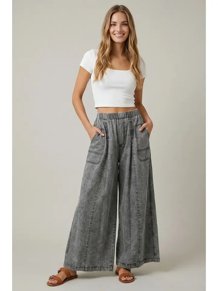 Chambray Elastic Waist Wide Leg Culotes Pants
