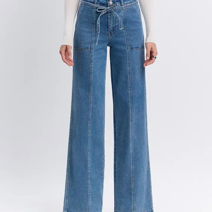 Super High Rise Tie Waistband Wide Leg Jeans
