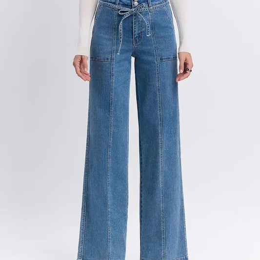Super High Rise Tie Waistband Wide Leg Jeans