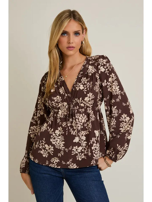 V-Neck Front Tie Long Sleeve Flare Hem Floral Top