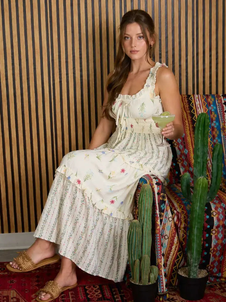 Floral Colorblock Ruffled Tiered Midi Dress