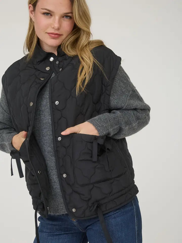 Tie Detail Snap Button Down Quilted Puffer Vest