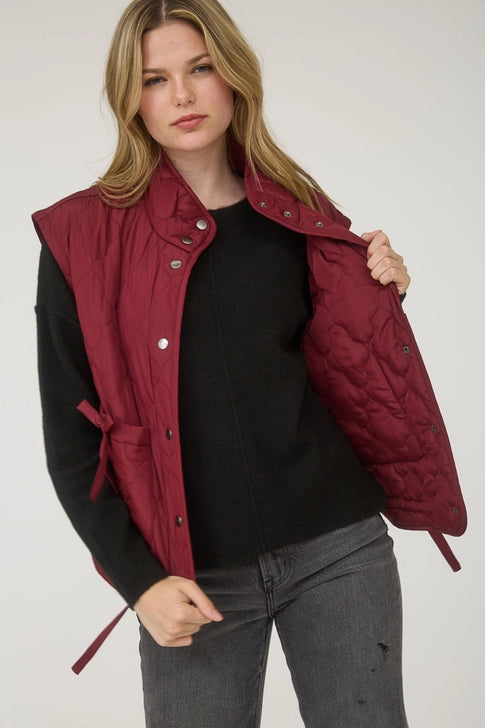 Burgundy Tie Detail Snap Button Down Quilted Puffer Vest