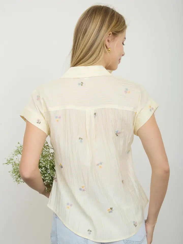 Floral Embroidery Pinstripe Pattern Collared Shirt