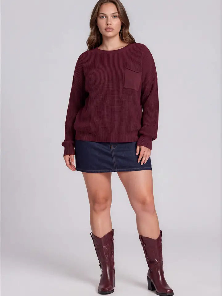 Plus Raw Edge Cropped Long Sleeve Knit Sweater