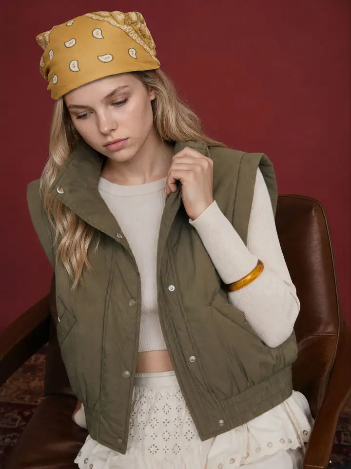 Cropped Mock Neck Snap Puffer Vest