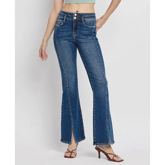 High Rise Front Seam Slit Flare Jeans