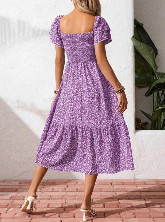 Floral Square Neck Smocked Short Sleeve Maxi Summer Dress (Purple)