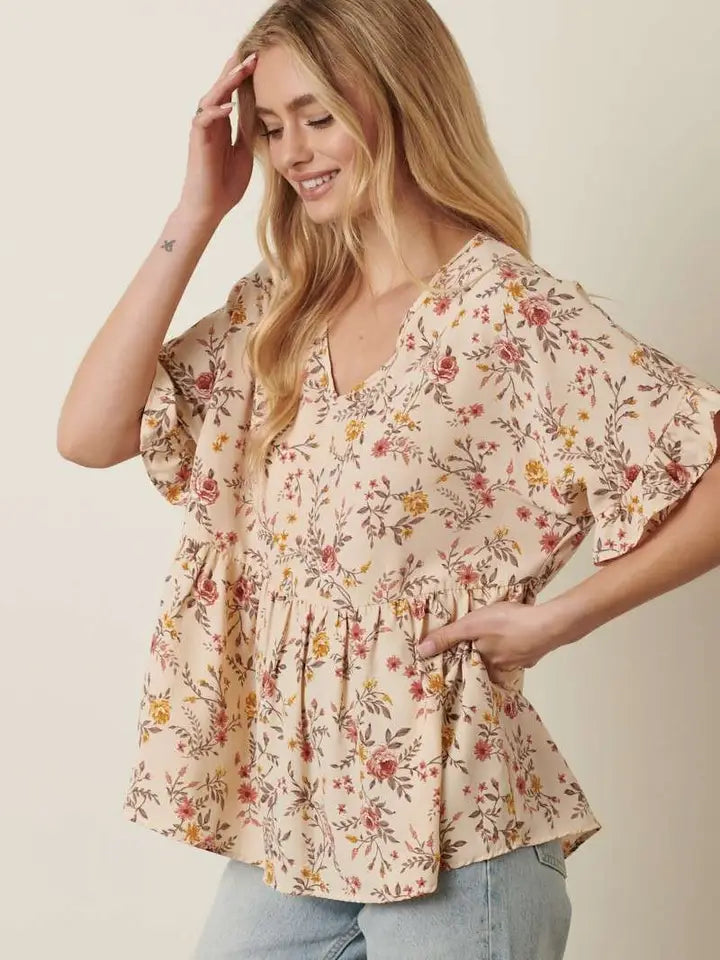 Flower Print Dolman Ruffle Sleeve Blouse