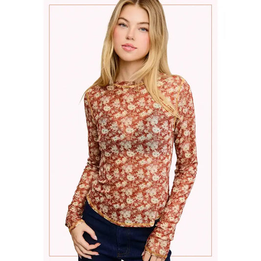 Semi Sheer Crew Neck Long Sleeve Mesh Layering Top - Cinnamon