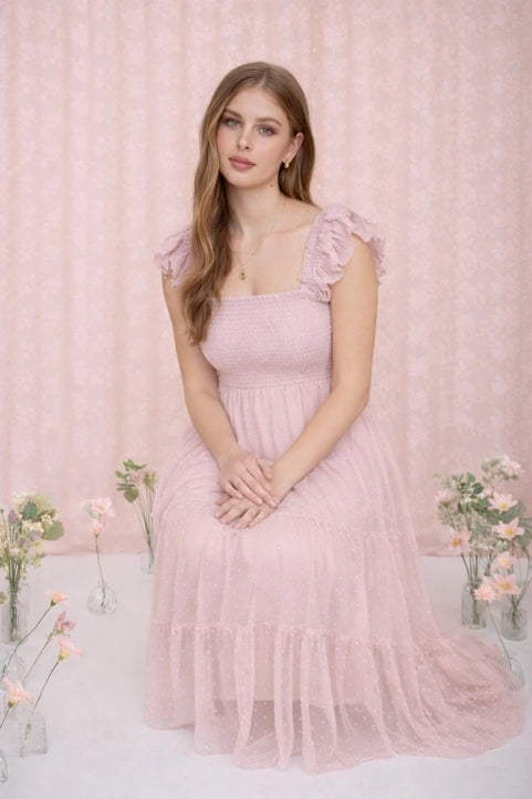 Polka Dot Chiffon Smocked Tiered Midi Dress
