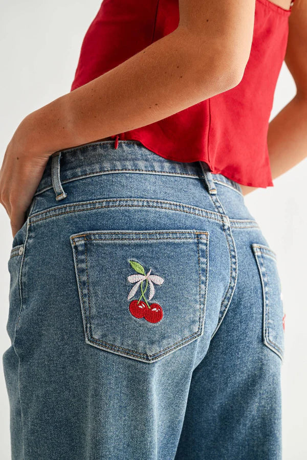 Wide Leg W/ Cherry Embroidery