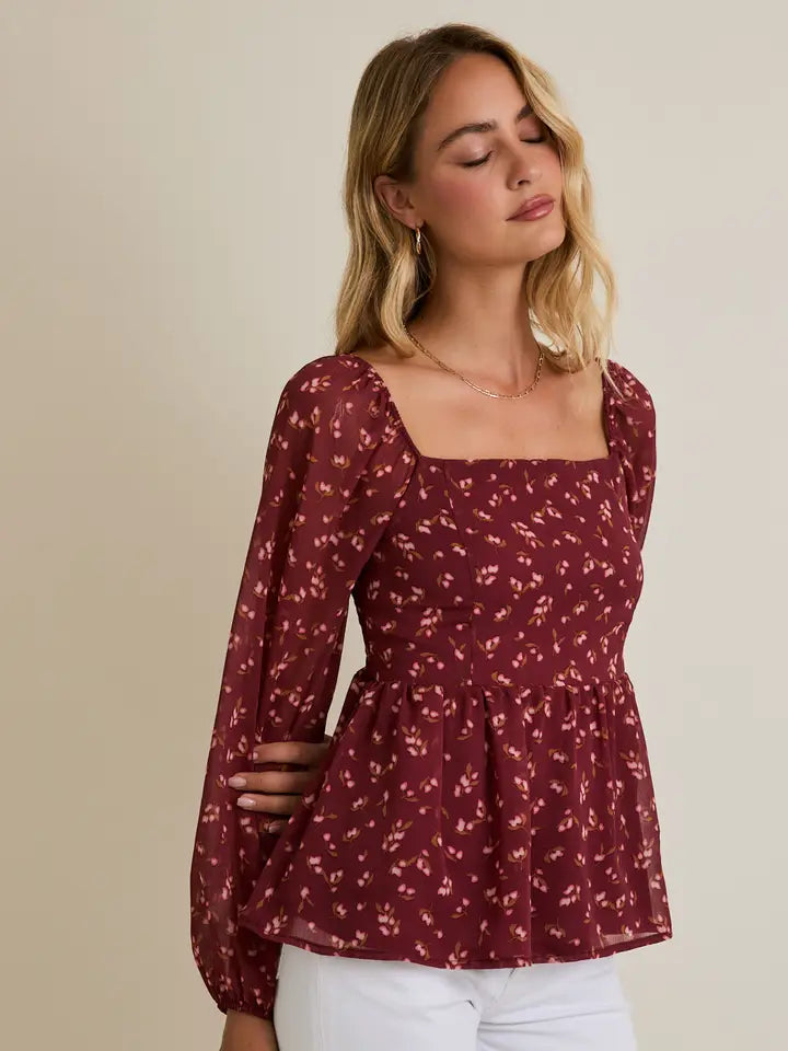 Square Neck Puff Long Sleeve Smocking Back Ditsy Top