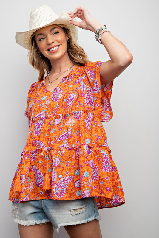 Printed Poly Linen Woven Top