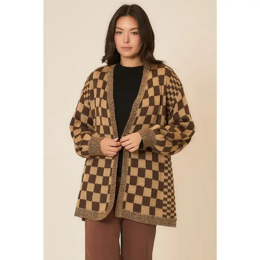 Checker Jacquard Knit Open Cardigan