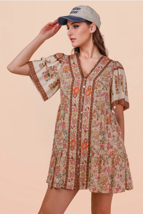 Shirring Detail Printed Woven Mini Dress