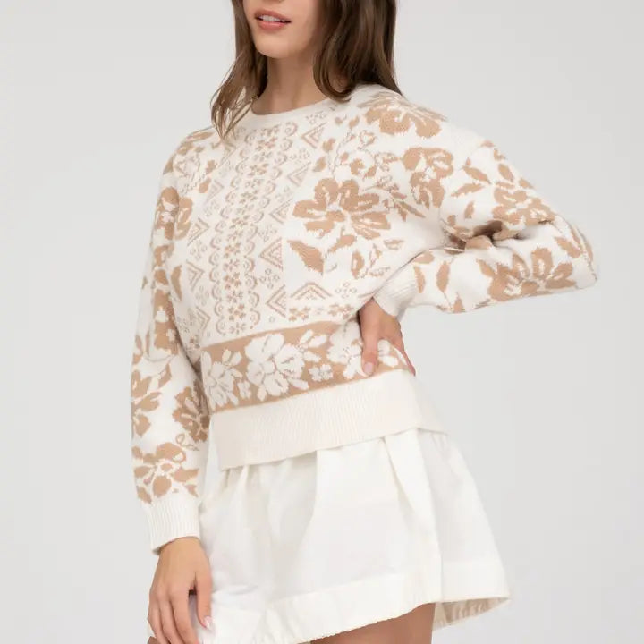 Geo Floral Long Sleeve Knit Pullover Sweater