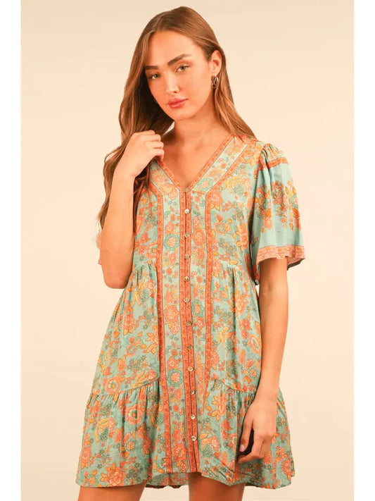 Blue Shirring Detail Printed Woven Mini Dress