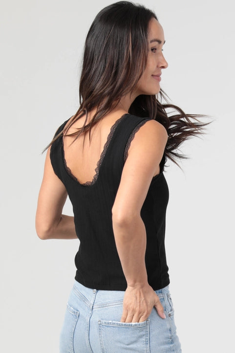Rib Knit Cinch Bust Lace Trim Tank Top (Black)