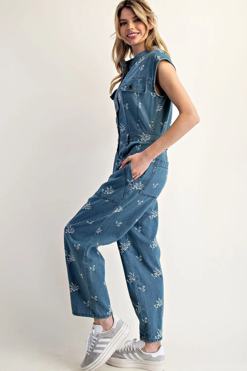 Floral Embroidered Denim Cap Sleeve Jumpsuit