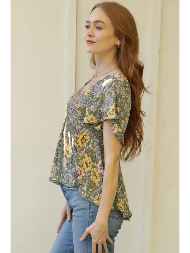 Lace Insets Twist Front Floral Printed Blouse