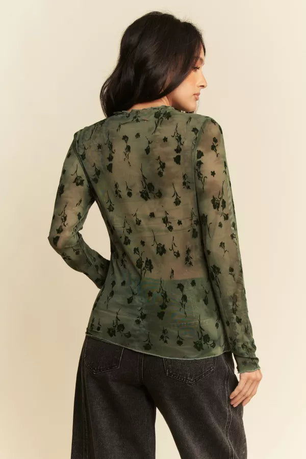 Floral Mesh Long Sleeve Sheer Layering Top- Army Green