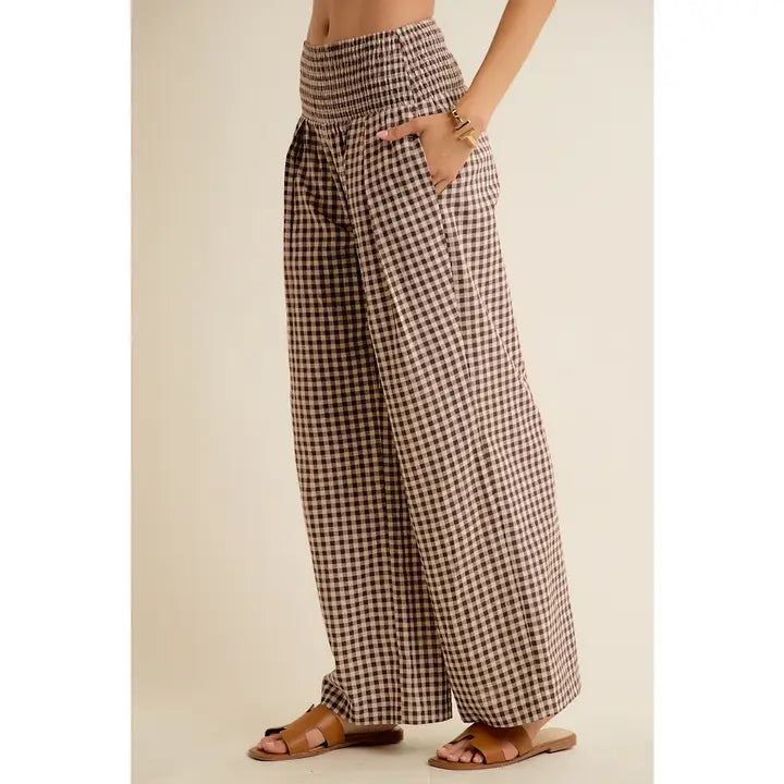 Gingham Smocked Waist Wide Leg Pants
