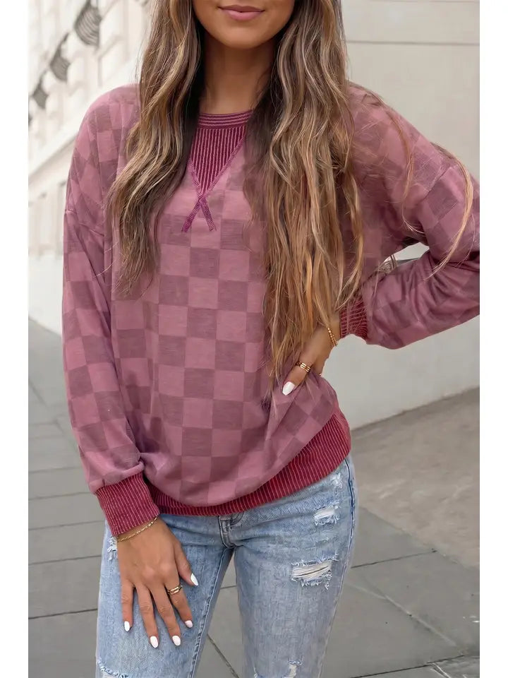 Checkered Print Ribbed Detail Long Sleeve Shift Top
