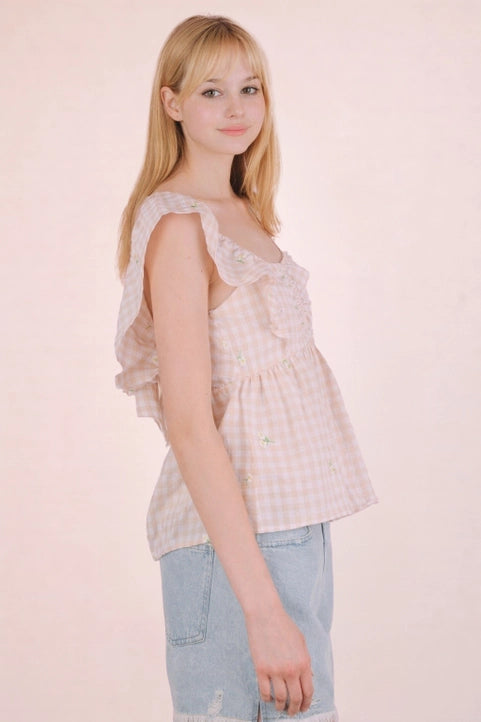 Embroidered Check Sleeveless Blouse