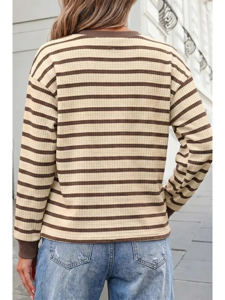 Striped Print Ribbed Cuff Casual Pullover Top