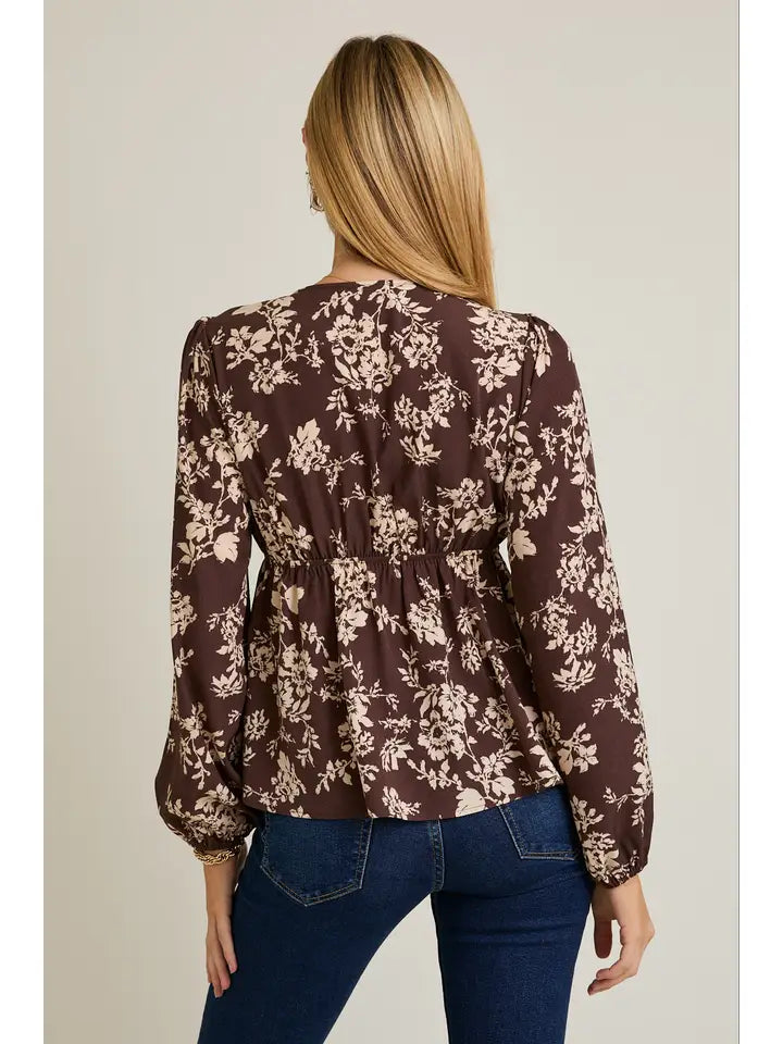 V-Neck Front Tie Long Sleeve Flare Hem Floral Top