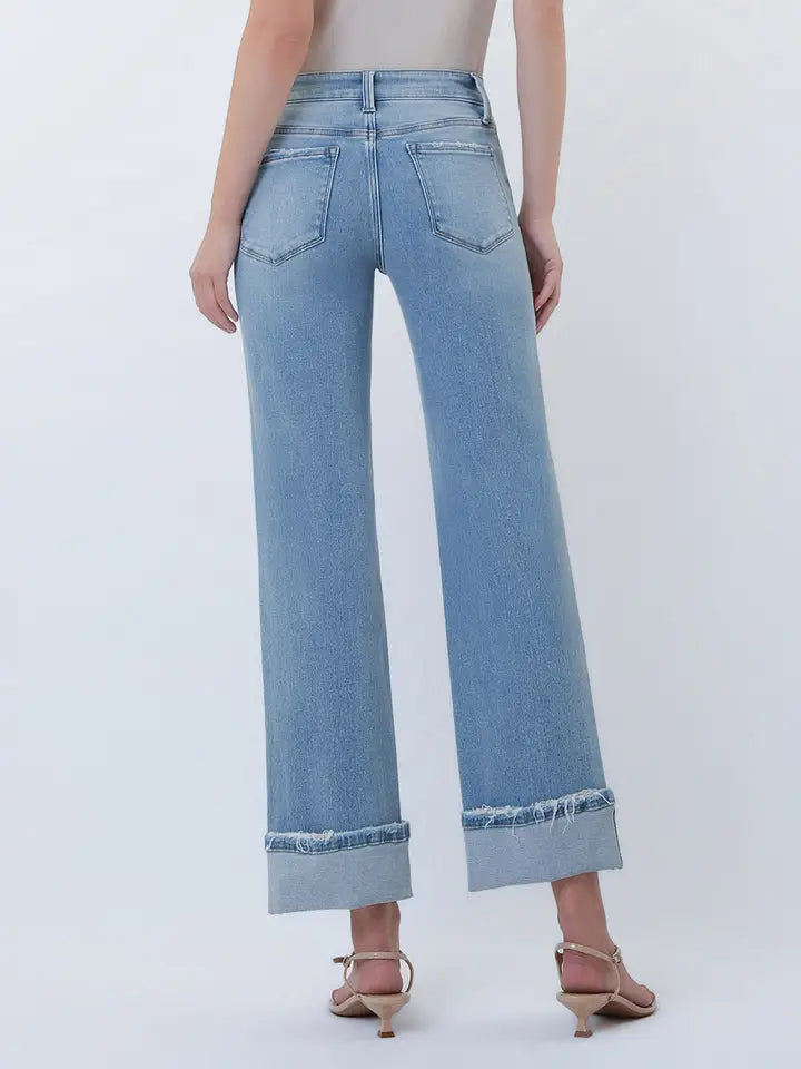 Mid Rise Medium Light Cuffed Slim Wide Jeans
