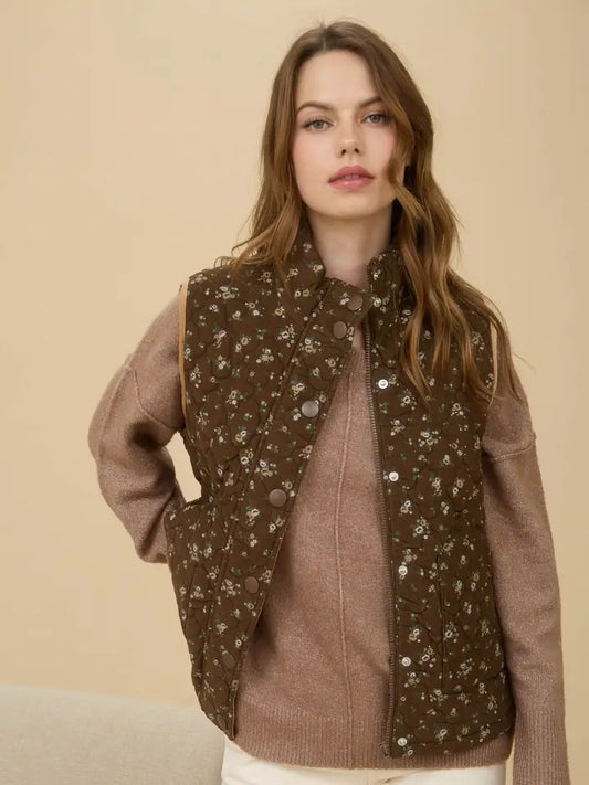Floral Quilted Zip-Up Puffer Vest