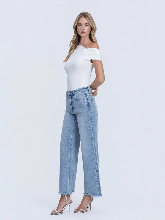 Mid Rise Frayed Hem Ankle Wide Leg Jeans