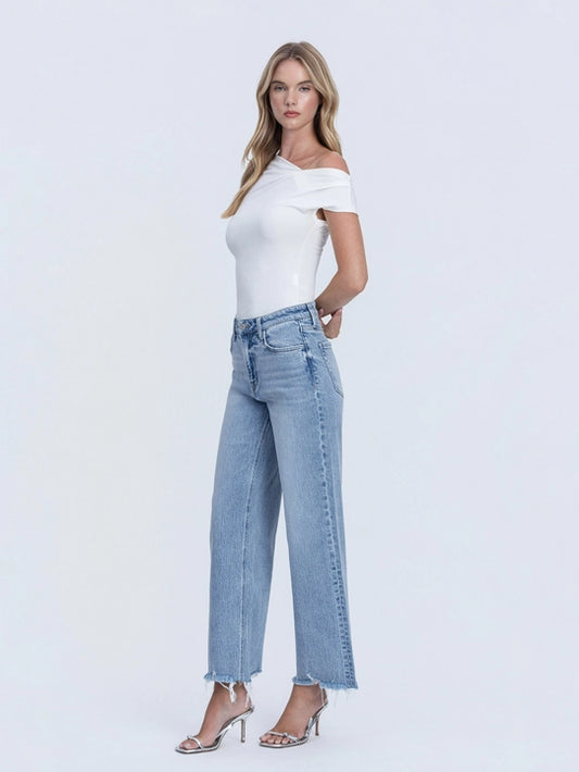 Mid Rise Frayed Hem Ankle Wide Leg Jeans