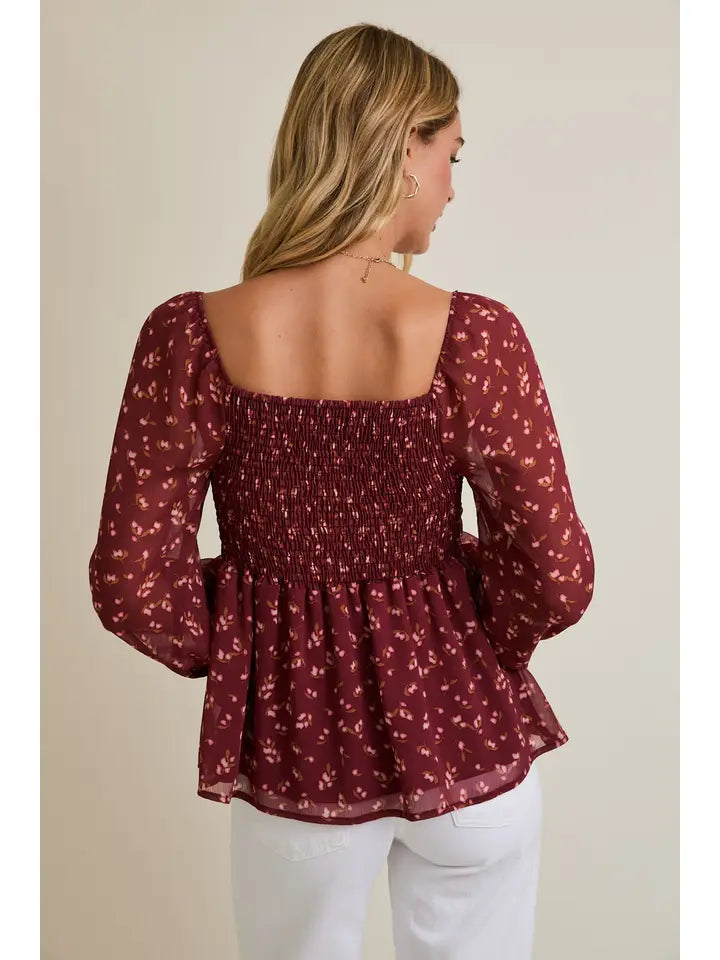 Square Neck Puff Long Sleeve Smocking Back Ditsy Top