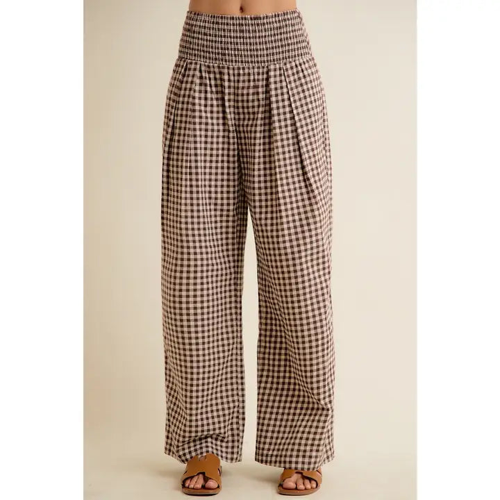 Gingham Smocked Waist Wide Leg Pants