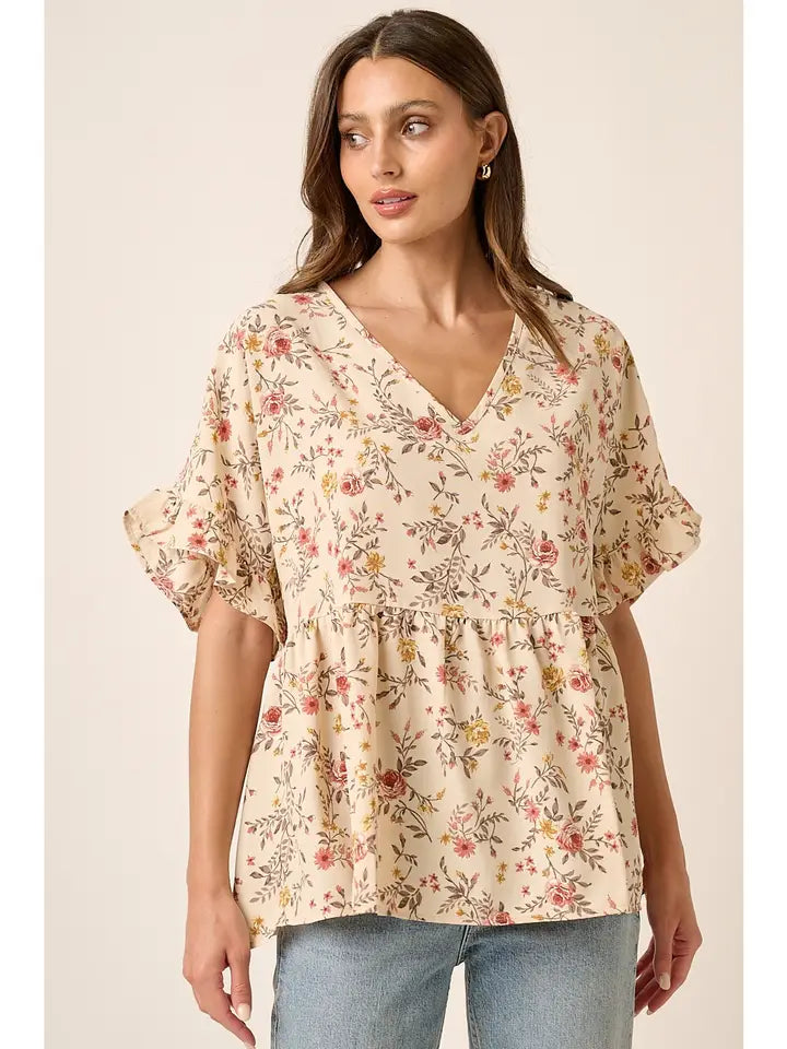 Flower Print Dolman Ruffle Sleeve Blouse
