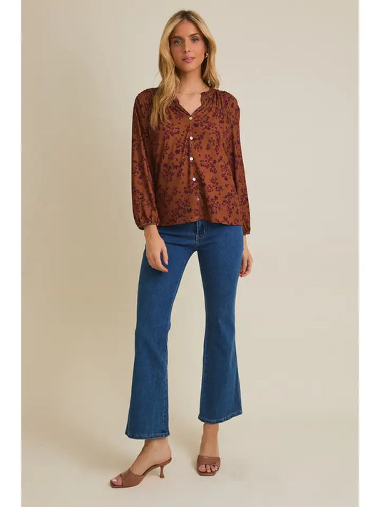 Notch Neck Long Sleeve Button Down Disty Top