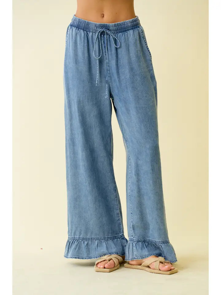 Denim Ruffle Bottom Wide Leg Pants