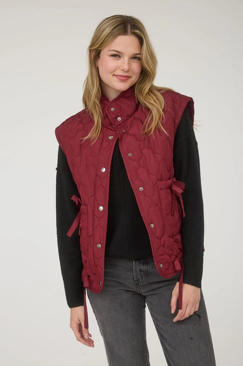 Burgundy Tie Detail Snap Button Down Quilted Puffer Vest