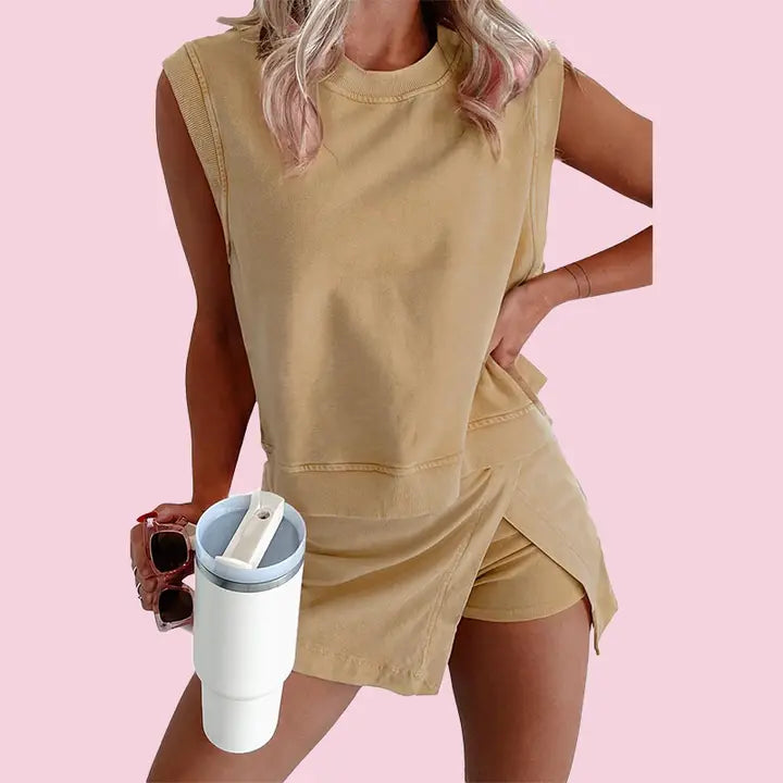 Two Pieces Cotton Tank Top Lined Split Athletic (Yellow)